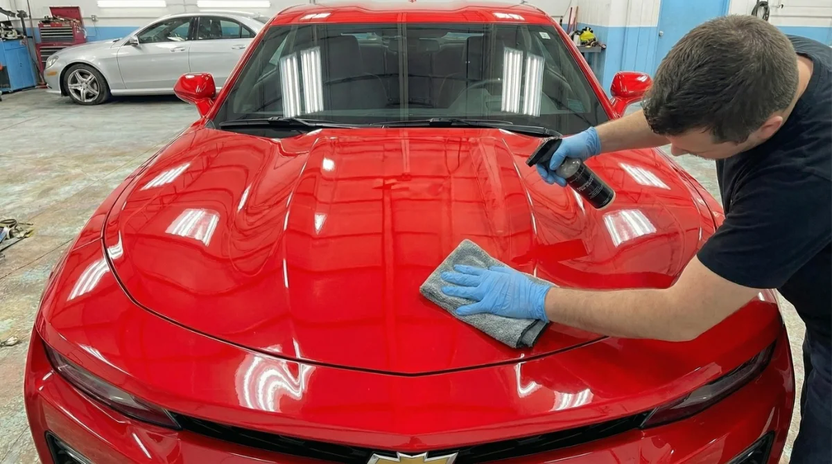 Spray ceramic application on vehicle at Deep Hand Car Wash Barrington
